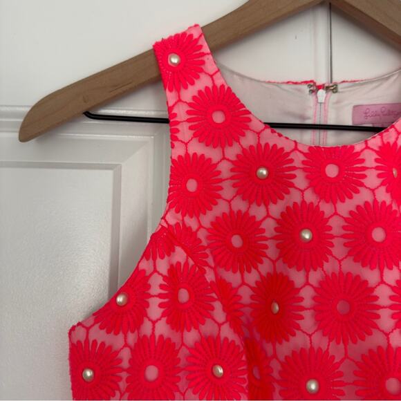 Lilly Pulitzer Fiesta Pink Floral Lace Pearl Bead Pinwheel Mini Dress Sleeveless - Picture 5 of 13